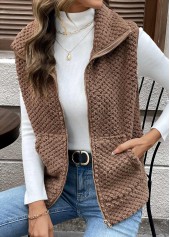 Dark Coffee tops,Plain Color tops,Kangaroo Pocket Dark Coffee Turn Down Collar Sleeveless Waistcoat