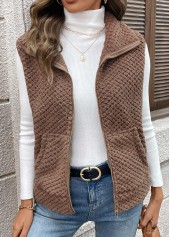 Dark Coffee tops,Plain Color tops,Kangaroo Pocket Dark Coffee Turn Down Collar Sleeveless Waistcoat