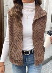 Dark Coffee tops,Plain Color tops,Kangaroo Pocket Dark Coffee Turn Down Collar Sleeveless Waistcoat