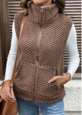 Dark Coffee tops,Plain Color tops,Kangaroo Pocket Dark Coffee Turn Down Collar Sleeveless Waistcoat