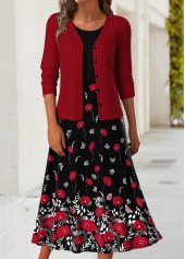 Rotita – Bauchbedeckendes rotes Kleid und Cardigan mit Blumenmuster