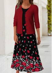 Red dresses,Floral dresses,Plants dresses,Everyday dresses,Casual dresses,ROTITA Tummy Coverage Floral Print Red Dress and Cardigan