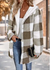 Gray Brown tops,Plaid tops,Geometric tops,ROTITA Tummy Coverage Plaid Gray Brown Hooded Long Sleeve Coat