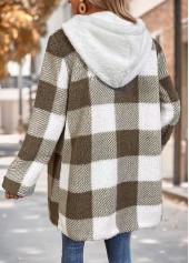 Gray Brown tops,Plaid tops,Geometric tops,ROTITA Tummy Coverage Plaid Gray Brown Hooded Long Sleeve Coat