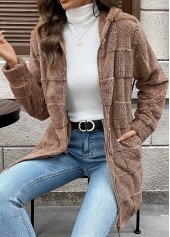 Dark Coffee tops,Plain Color tops,Double Side Pockets Dark Coffee Hooded Long Sleeve Coat