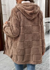 Dark Coffee tops,Plain Color tops,Double Side Pockets Dark Coffee Hooded Long Sleeve Coat