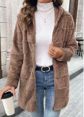 Dark Coffee tops,Plain Color tops,Double Side Pockets Dark Coffee Hooded Long Sleeve Coat