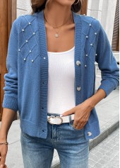 Denim Blue tops,Plain Color tops,Tummy Coverage Denim Blue Long Sleeve Cardigan