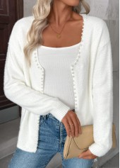White tops,Plain Color tops,Tummy Coverage White Long Sleeve Cardigan