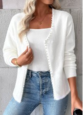 White tops,Plain Color tops,Tummy Coverage White Long Sleeve Cardigan