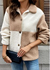 Light Coffee tops,Contrast Color tops,Tummy Coverage Light Coffee Turn Down Collar Coat