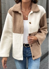 Light Coffee tops,Contrast Color tops,Tummy Coverage Light Coffee Turn Down Collar Coat