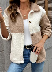Light Coffee tops,Contrast Color tops,Tummy Coverage Light Coffee Turn Down Collar Coat