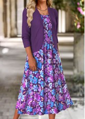 Purple dresses,Floral dresses,Plants dresses,Everyday dresses,Casual dresses,ROTITA Tummy Coverage Floral Print Purple Dress and Cardigan