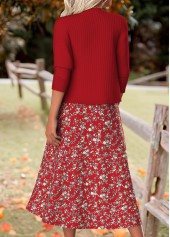 Wine Red dresses,Floral dresses,Plants dresses,Everyday dresses,Casual dresses,ROTITA Tummy Coverage Floral Print Wine Red Dress and Cardigan