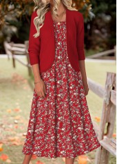 Wine Red dresses,Floral dresses,Plants dresses,Everyday dresses,Casual dresses,ROTITA Tummy Coverage Floral Print Wine Red Dress and Cardigan