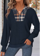 ROTITA Tummy Coverage Plaid Navy Turn Down Collar Sweatshirt