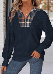 Navy tops,Plaid tops,Geometric tops,ROTITA Tummy Coverage Plaid Navy Turn Down Collar Sweatshirt