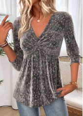 Dark Grey tops,Plain Color tops,ROTITA Twist Dark Grey V Neck Long Sleeve T Shirt
