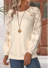 Beige tops,Plain Color tops,ROTITA Tummy Coverage Beige Round Neck Long Sleeve Sweatshirt