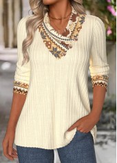 Rotita – Beiges Sweatshirt mit asymmetrischem Ausschnitt und Fair-Isle-Print zur Bauchbedeckung