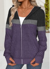 Dark Purple tops,Contrast Color tops,ROTITA Tummy Coverage Dark Purple Long Sleeve Hoodie
