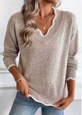 Tummy Coverage Light Camel V Neck Long Sleeve Sweater