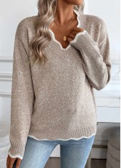 Light Camel tops,Plain Color tops,Tummy Coverage Light Camel V Neck Long Sleeve Sweater