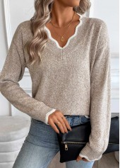 Light Camel tops,Plain Color tops,Tummy Coverage Light Camel V Neck Long Sleeve Sweater