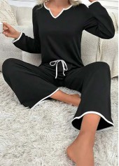 Black V Neck Long Sleeve Lounge Top and Pants