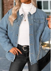 Denim Blue tops,Plain Color tops,Tummy Coverage Denim Blue Turn Down Collar Coat