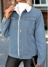 Denim Blue tops,Plain Color tops,Tummy Coverage Denim Blue Turn Down Collar Coat