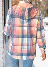 Pink tops,Plaid tops,Geometric tops,Tummy Coverage Plaid Pink Hooded Long Sleeve Coat