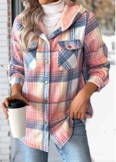 Pink tops,Plaid tops,Geometric tops,Tummy Coverage Plaid Pink Hooded Long Sleeve Coat