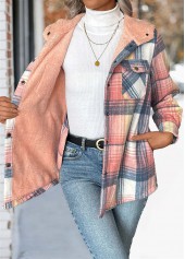 Pink tops,Plaid tops,Geometric tops,Tummy Coverage Plaid Pink Hooded Long Sleeve Coat