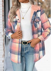 Pink tops,Plaid tops,Geometric tops,Tummy Coverage Plaid Pink Hooded Long Sleeve Coat