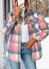 Pink tops,Plaid tops,Geometric tops,Tummy Coverage Plaid Pink Hooded Long Sleeve Coat