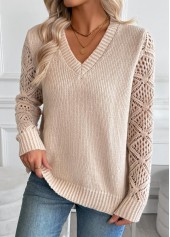 Light Camel tops,Plain Color tops,Tummy Coverage Light Camel V Neck Long Sleeve Sweater