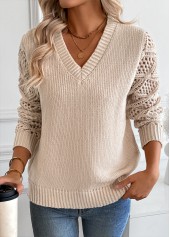 Light Camel tops,Plain Color tops,Tummy Coverage Light Camel V Neck Long Sleeve Sweater