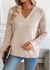 Light Camel tops,Plain Color tops,Tummy Coverage Light Camel V Neck Long Sleeve Sweater