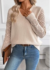 Light Camel tops,Plain Color tops,Tummy Coverage Light Camel V Neck Long Sleeve Sweater