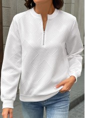 White tops,Plain Color tops,ROTITA Zipper White Round Neck Long Sleeve Sweatshirt