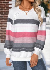 Raw white tops,Striped tops,Geometric tops,ROTITA Tummy Coverage Striped Raw White Round Neck Sweatshirt