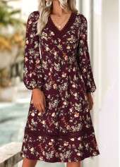 robe à manches longues et col en V à imprimé floral Rotita rouge foncé