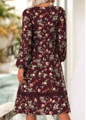 Deep Red dresses,Floral dresses,Plants dresses,Everyday dresses,Casual dresses,ROTITA Floral Print Deep Red V Neck Long Sleeve Dress
