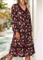 Deep Red dresses,Floral dresses,Plants dresses,Everyday dresses,Casual dresses,ROTITA Floral Print Deep Red V Neck Long Sleeve Dress