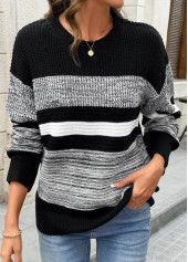 Black tops,Contrast Color tops,Tummy Coverage Black Round Neck Long Sleeve Sweater