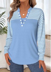 Light Blue tops,Striped tops,ROTITA Tummy Coverage Light Blue Split Neck Long Sleeve Sweatshirt