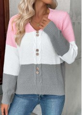 Pink tops,Contrast Color tops,Tummy Coverage Pink V Neck Long Sleeve Sweater