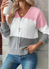 Pink tops,Contrast Color tops,Tummy Coverage Pink V Neck Long Sleeve Sweater